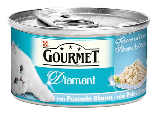 Gourmet diamant sabores del océano en salsa con pescado blanco comida húmeda para gatos